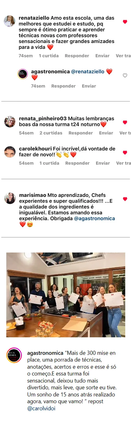 Mais depoimentos de alunos no Instagram