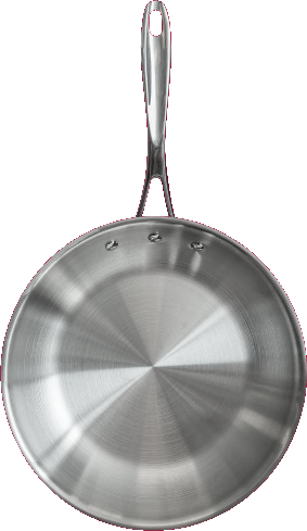 Frigideira de aço inox simbolizando a culinária profissional dos eventos corporativos