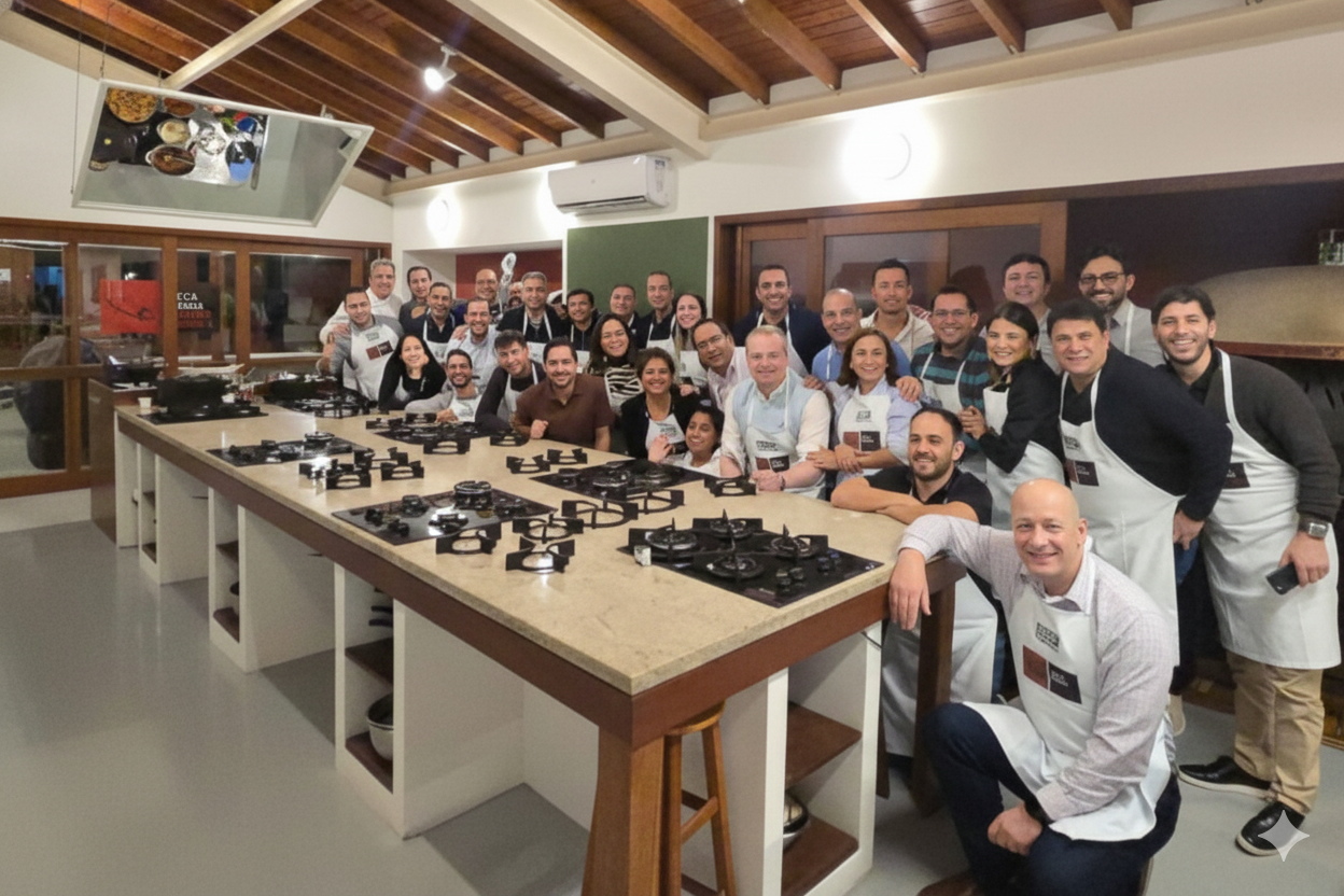 Grande grupo de participantes sorrindo ao redor de uma bancada de cozinha gourmet.
